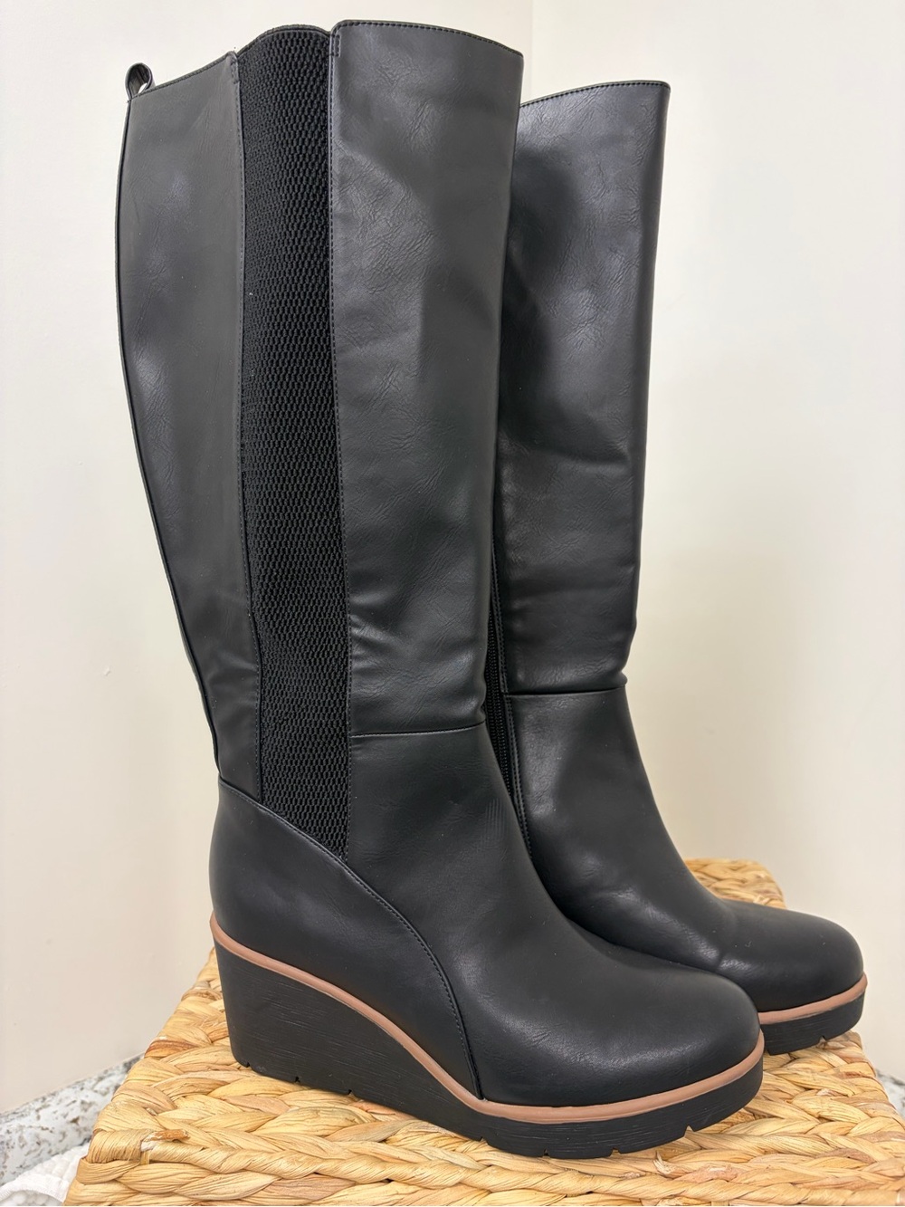 SOUL Naturalizer Black Knee-High Wedge Boots with Brown Trim